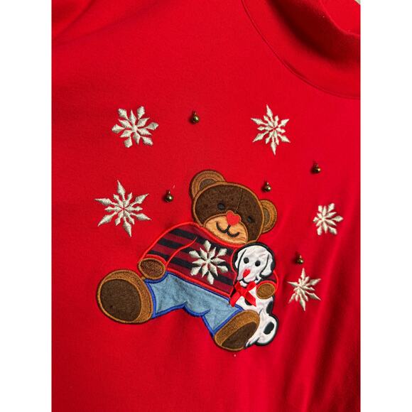 Vintage Red Embroidered Teddy Bear Christmas Top Women’s XL – Beaded Snowflakes - Picture 3 of 5